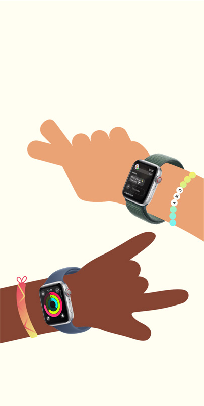 Illustration of two childrens’ hands. Each is wearing an Apple Watch SE.