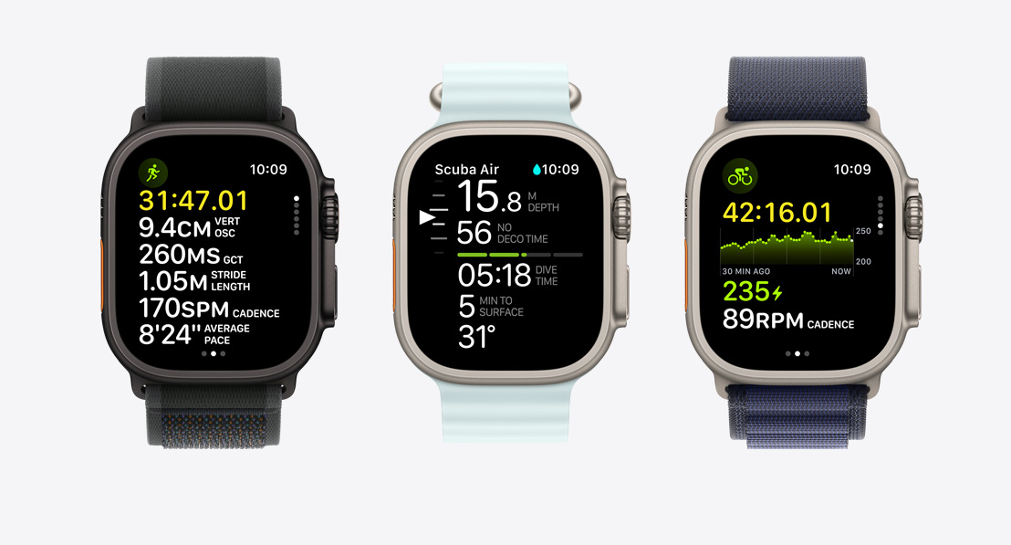 Three Apple Watch Ultra 2 showing fitness metrics. One for running, one for scuba diving and one for cycling.