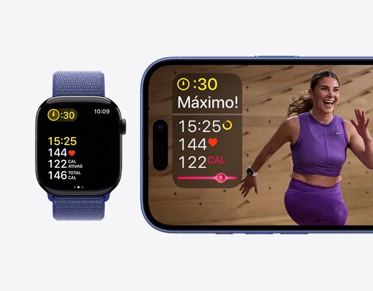 Um iPhone mostrando um treino do Apple Fitness Plus com informações de tempo, frequência cardíaca e queima de calorias ao lado de um Apple Watch Series 10 mostrando as mesmas informações no Apple Fitness Plus.