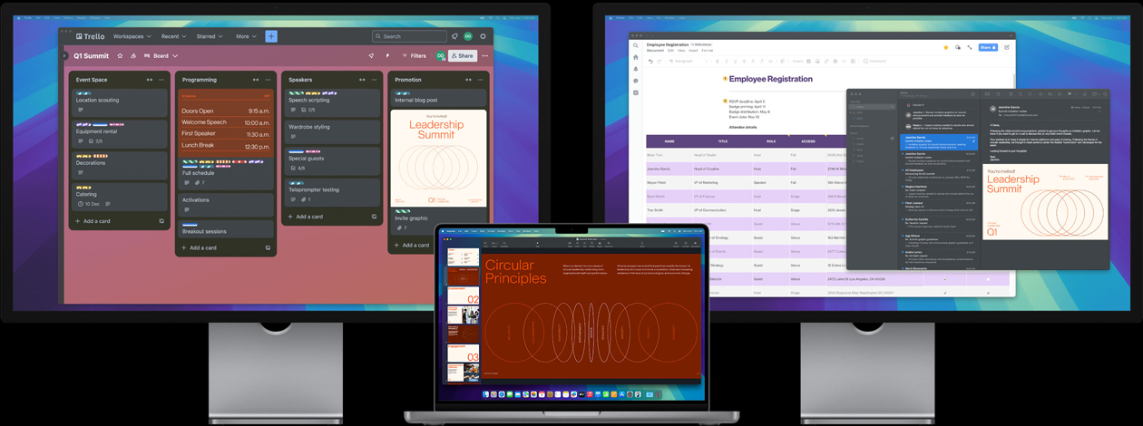 MacBook Pro com dois monitores Studio Display: na tela, alguém se prepara para uma conferência sobre liderança, acompanhando as tarefas no app Trello, elaborando uma apresentação e revisando arquivos de design por e-mail.
