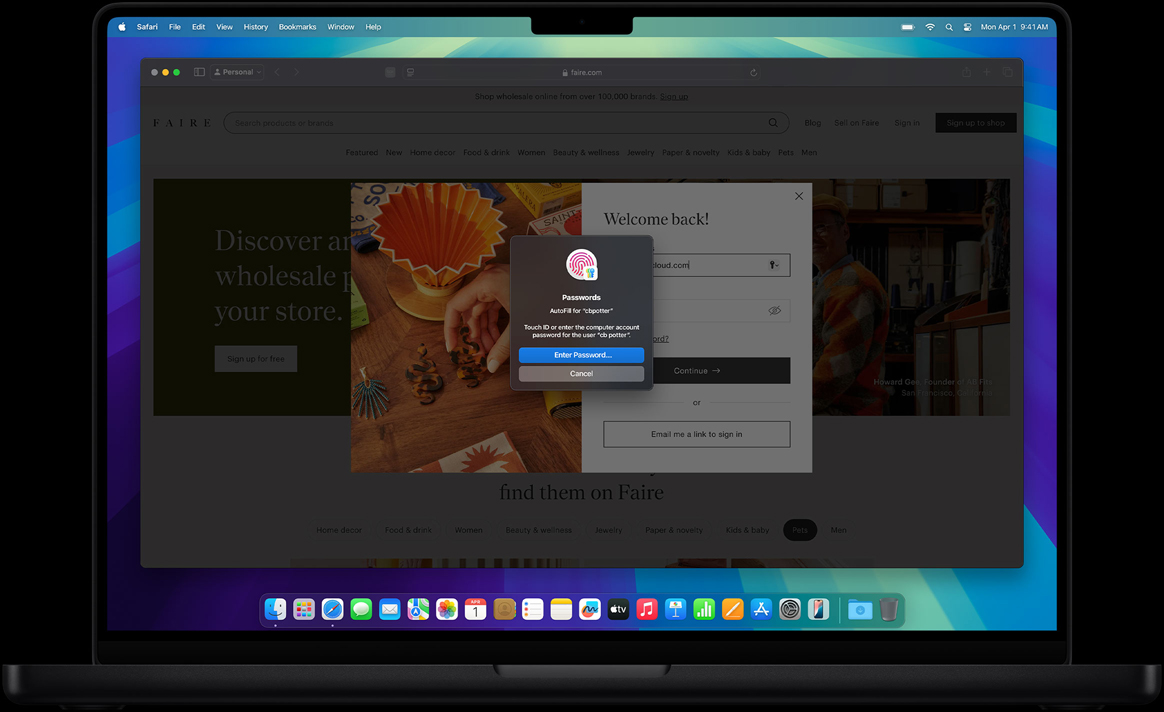 Uma janela pop-up solicita o uso do Touch ID para iniciar sessão em um site durante a navegação no Safari