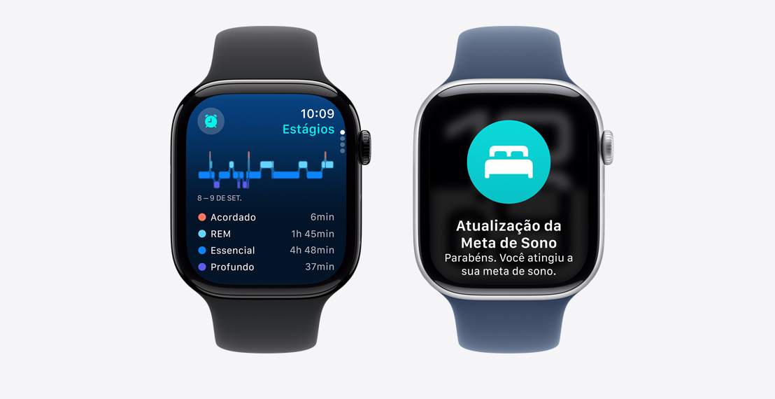 Dois relógios Apple Watch Series 10. O primeiro mostra dados de Estágios do Sono. O segundo mostra a notificação de Atualização da Meta de Sono.