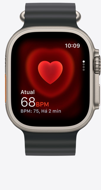 App Batimentos na tela do Apple Watch Ultra 2 mostrando os batimentos por minuto atuais em 68.