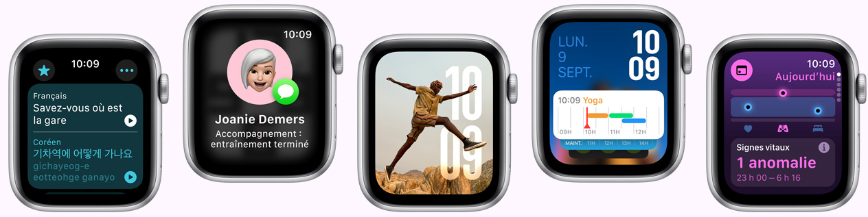 « Cinq Apple Watch affichant respectivement l’app Traduire, l’app Accompagnement, le cadran Photos, le cadran Modulaire et l’app Signes vitaux »