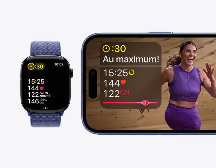 Un entraînement Apple Fitness+, avec durée, fréquence cardiaque et calories brûlées, s’affiche sur un iPhone, à côté d’une Apple Watch Series 10 où s’affichent les mêmes données d’entraînement sur Apple Fitness+.