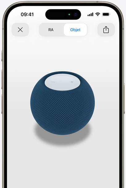 HomePod bleu en RA sur l’écran d’un iPhone.