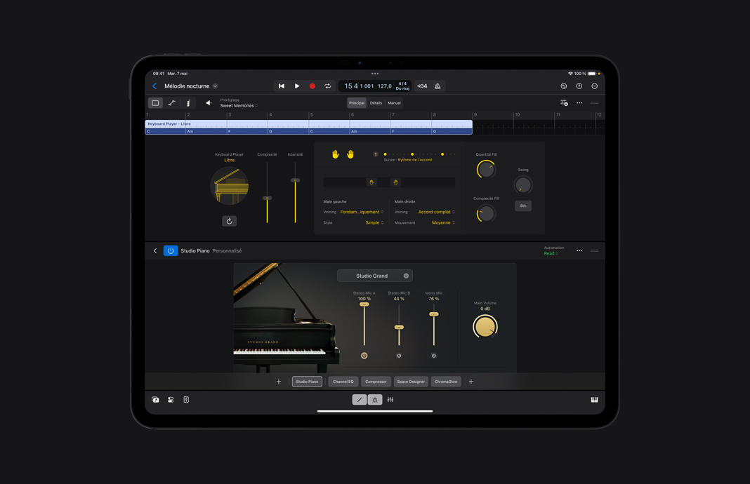 Ajout d’un accompagnement au clavier dans Logic Pro pour iPad sur iPad Pro.