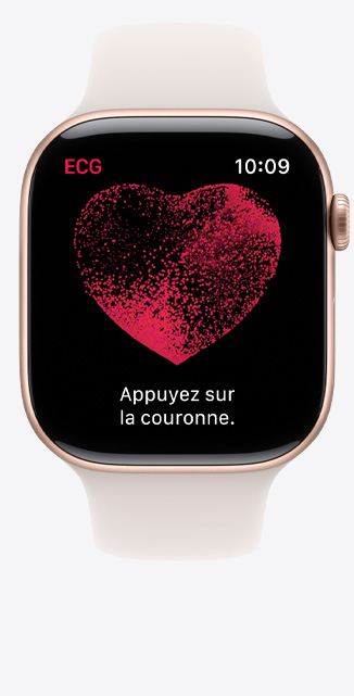 Vue de l’app ECG affichant un tracé et un compte à rebours à 22 secondes sur une Apple Watch Series 10.