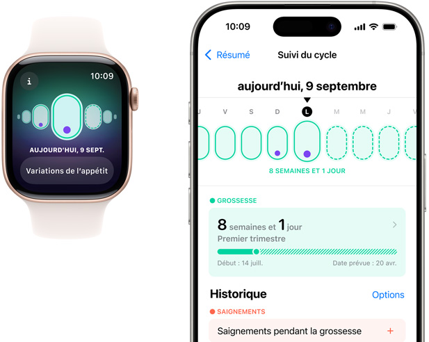 Écran d’Apple Watch affichant le suivi de grossesse avec le symptôme « Variations de l’appétit ». Écran d’iPhone affichant l’âge gestationnel et le suivi de la grossesse dans l’app Suivi du cycle.