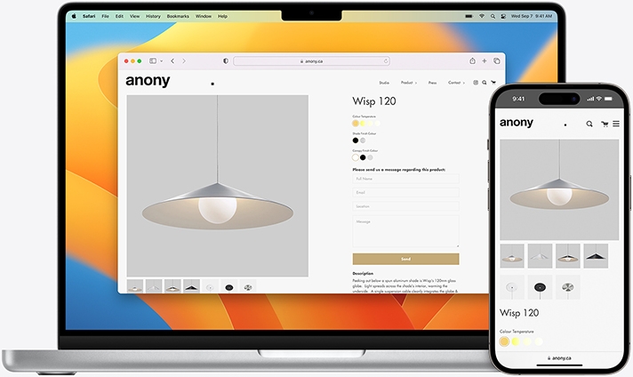 Macbook and iPhone screens of the same Safari page open on both devices