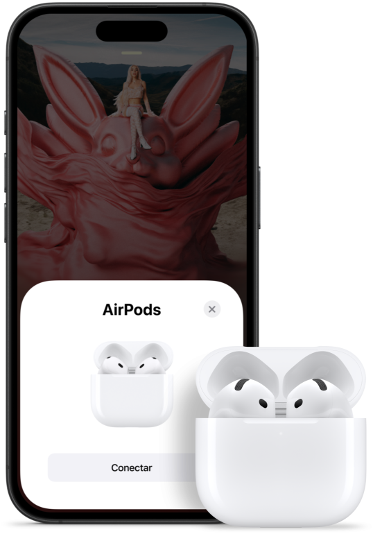 An open charging case with AirPods 4 inside, next to an iPhone showing that AirPods 4 have been connected.