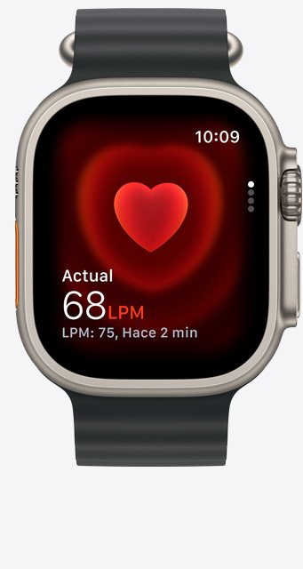 Pantalla que muestra la app Frecuencia Cardiaca con una medición actual de 68 latidos por minuto en un Apple Watch Ultra 2.