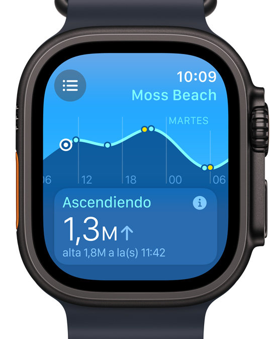 Pantalla de un Apple Watch Ultra que muestra la nueva app Mareas.