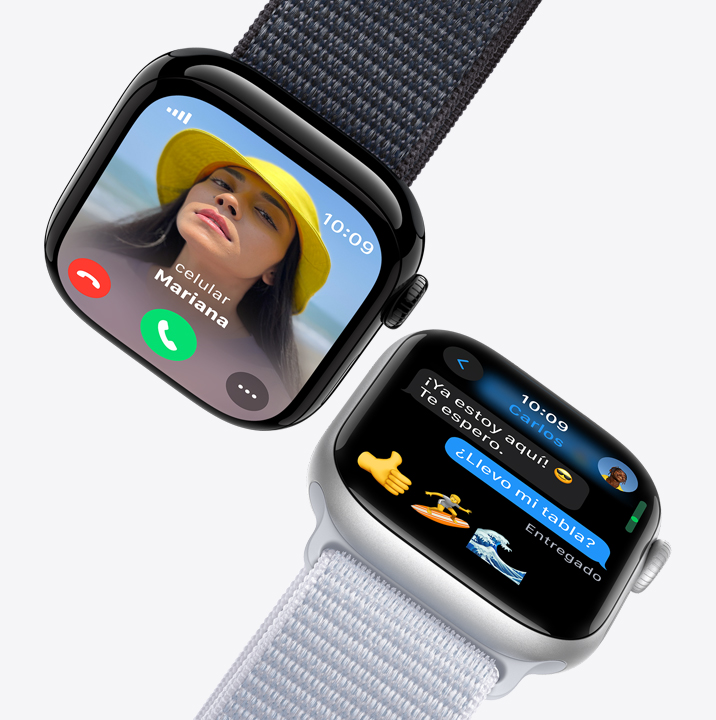 Dos dispositivos Apple Watch. El primero muestra una llamada entrante. El segundo muestra un mensaje de texto.