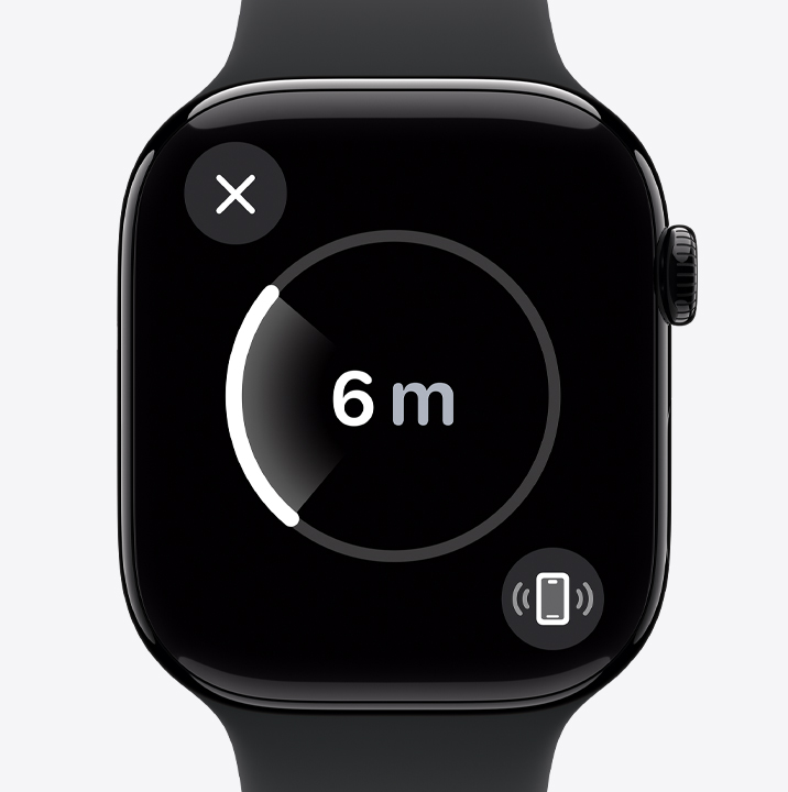 Pantalla de Rastreo Preciso en un Apple Watch Series 10 que muestra que el iPhone de quien lleva puesto el reloj está a 7 metros de distancia.