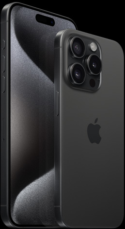 Front view of 6.7″ iPhone 15 Pro Max and back view of 6.1″ iPhone 15 Pro in Black Titanium