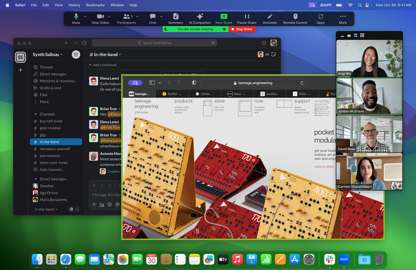 A Zoom meeting on MacBook Pro with M3 chip: The user is sharing their screen to display the website of the company Teenage Engineering, showing an image of modular synthesizer equipment, with a Slack channel called Synth Salinas open in the background