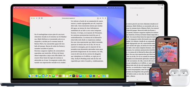 Un MacBook Pro y un iPad Air muestran la misma página de un libro en la app Libros. Las pantallas de un Apple Watch y un iPhone 15 muestran la portada del mismo audiolibro. El estuche abierto de unos AirPods Pro deja ver los dos auriculares.