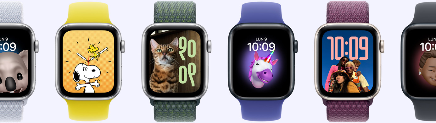 Varias esferas, entre ellas Memoji, Fotos, Retratos y Snoopy, en seis modelos de Apple Watch