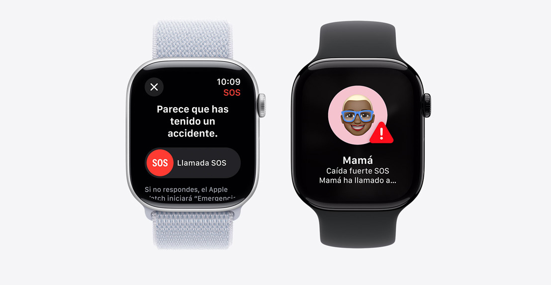 Dos modelos de Apple Watch Series 10. El primero muestra una notificación de la detección de accidentes con el botón para llamar a los servicios de emergencia. El segundo muestra una notificación que indica que mamá ha sufrido una caída brusca y ha avisado a los servicios de emergencia.