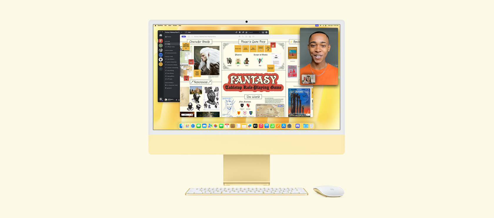 iMac amarelo. Ecrã a mostrar as apps Freeform, Discord e FaceTime, utilizadas em conjunto para uma sessão de um jogo de tabuleiro de role-play com temática de fantasia.