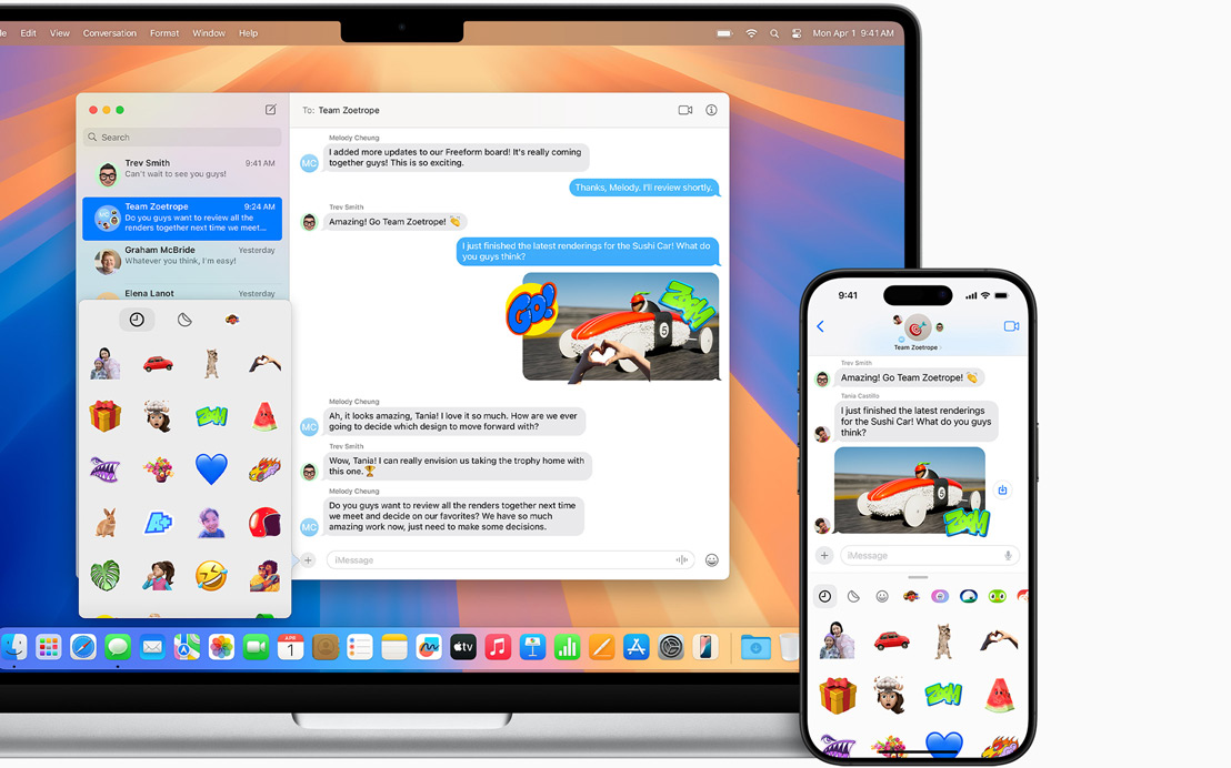 Les mêmes messages s’ouvrent sur le MacBook Pro 14 pouces et sur l’iPhone 15.