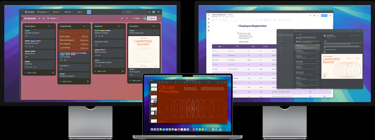 MacBook Pro kahdella Studio Display ‑näytöllä – käyttäjä valmistautuu näytöllä johtajien kokoukseen seuraten tehtäviä Trello-apissa, valmistellen esitystä ja tarkastellen suunnittelu­tiedostoja sähkö­postitse