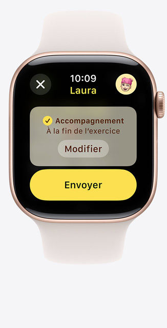 Vue de face d’un écran Accompagnement d’exercice sur une Apple Watch Series 10.