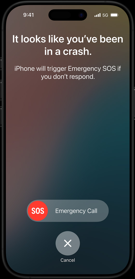 The Crash Detection screen saying "It looks like you've been in a crash. iPhone will trigger Emergency SOS if you don't respond"