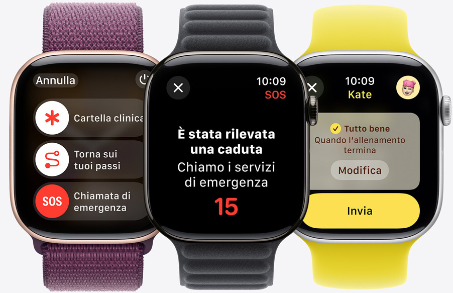 Un Apple Watch Series 10 che mostra sul display i cursori per attivare le opzioni Chiamata di emergenza, Cartella clinica e Torna sui tuoi passi. Un Apple Watch Series 10 che mostra sul display una notifica che avvisa che è stata rilevata una caduta. Un Apple Watch Series 10 che mostra sul display una notifica “Tutto bene” pronta per essere inviata.