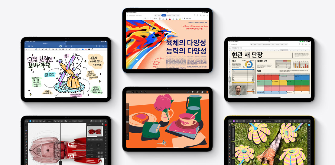 Goodnotes 6, Affinity Designer 2, Microsoft Word, Procreate, Microsoft Excel,  Affinity Photo 2 등 다양한 앱을 보여주는 6개의 iPad.