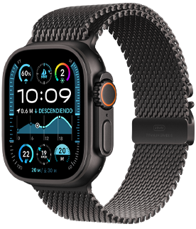 Un Apple Watch Ultra 2 con caja de titanio negro y correa Trail negra.