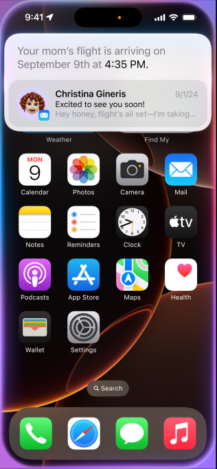 Screen showing a text pop-up from Siri with information user was seeking