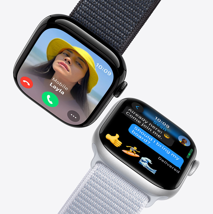 Deux écrans d’Apple Watch. Le premier montre un appel entrant. Le deuxième montre un SMS.