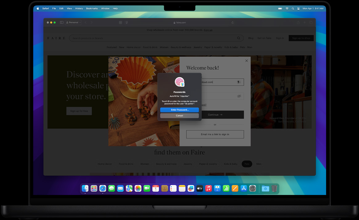 Safari aplikācijā lietotājs tiek aicināts izmantot Touch ID, lai pierakstītos interneta lapā