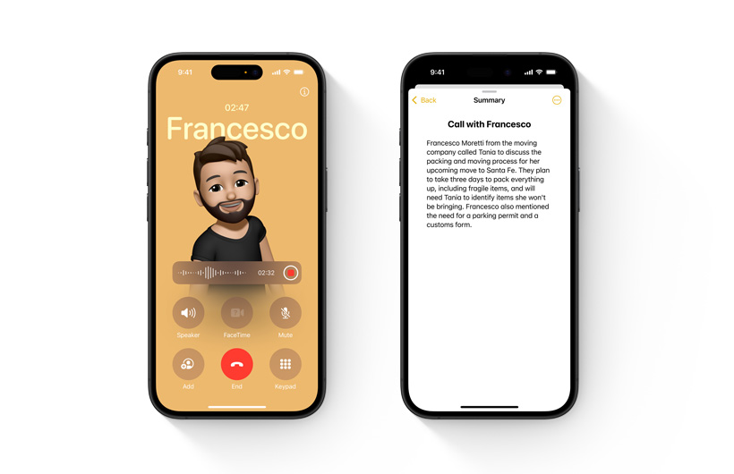 Phone app is shown with a new record function on a live call. A second iPhone shows a summary of the call based on live audio transcription.