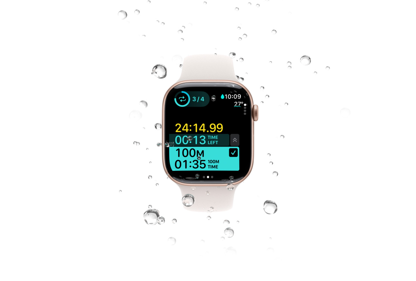 A swim workout with metrics including water temperature on an Apple Watch Series 10, surrounded by water bubbles.