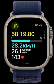 Apple Watch Ultra 2 demonstrating how fast a person is riding their bike.