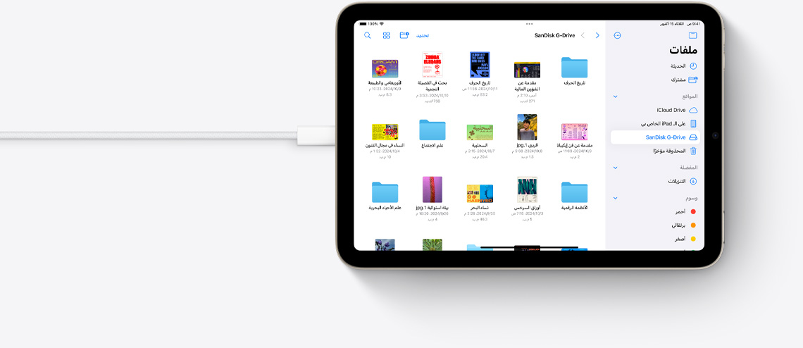 ملفات على جهاز iPad mini في وضع أفقي متصل بكابل USB-C‏.