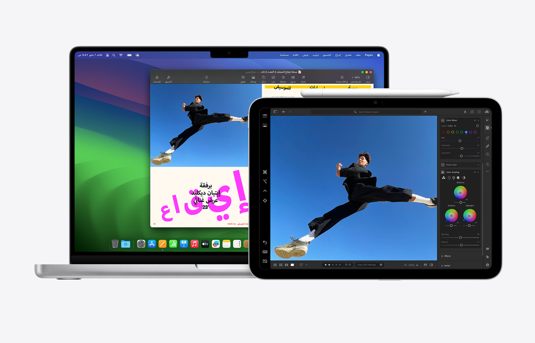 An iPad and MacBook Pro side-by-side highlighting how a photo edited on iPad can be used in a Pages document on a Mac.