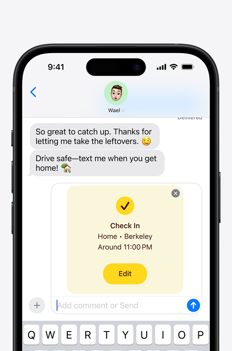 Text exchange showing "Check-in" safety feature.