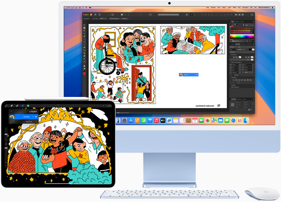 صورة لجهاز iPad Pro مقاس 12.9 إنش وجهاز iMac يعرضان مشروعاً إبداعياً يعمل عليه أحد المستخدمين. يظهر المشروع الرئيسي على iMac، فيما يُستخدم iPad كشاشة ثانية.