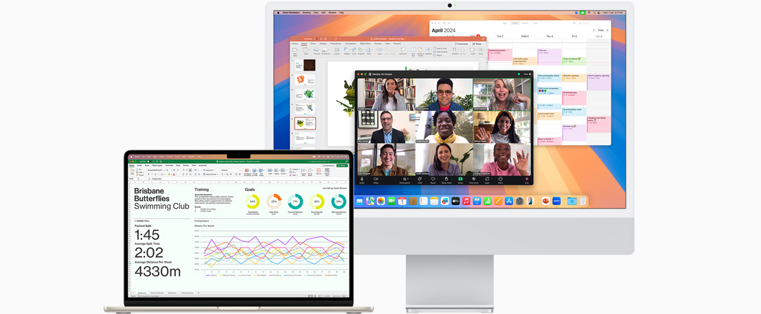 Front view of a MacBook Air showing Microsoft Excel and a front view of iMac showing Zoom, Calendar, and Microsoft Powerpoint.