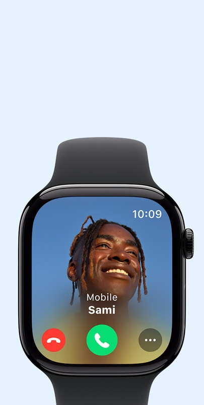 Apple Watch Series 10 with an incoming call. Click the plus button to see more information on Connectivity features.