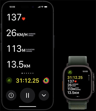 Wydarzenie na żywo z danymi z treningu kolarskiego widocznymi zarówno na Apple Watch Ultra 2, jak i na iPhonie.