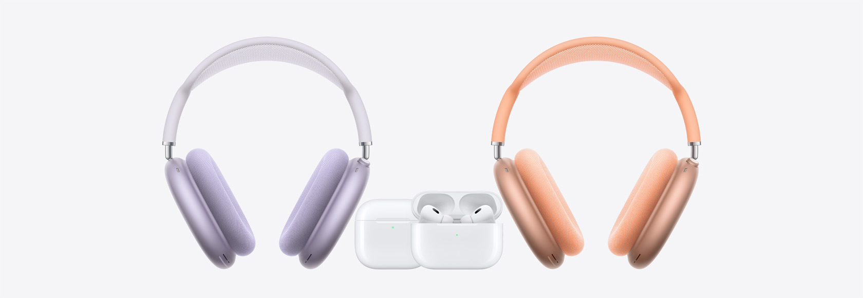 AirPods Max în stânga și în dreapta cu AirPods 4 și AirPods Pro 2 în centru.