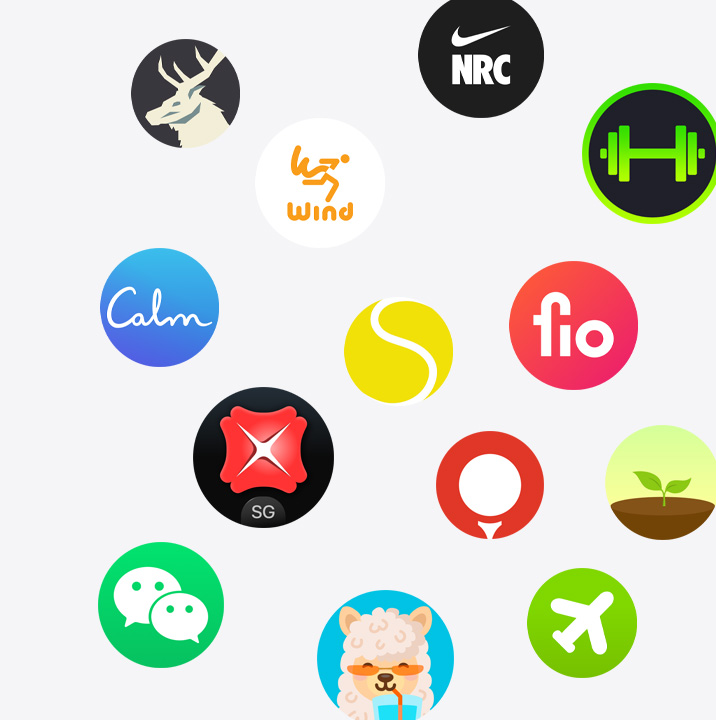 The icons of Apple Watch apps from the App Store. ChargePoint, Yelp, Nike Run Club, SmartGym, Calm, NBA, SwingVision, Oceanic+, WeChat, Waterllama, Golfshot, JetBlue and AllTrails.