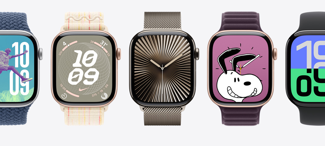 Several Apple Watch screens including a Reflections face and a Snoopy face.