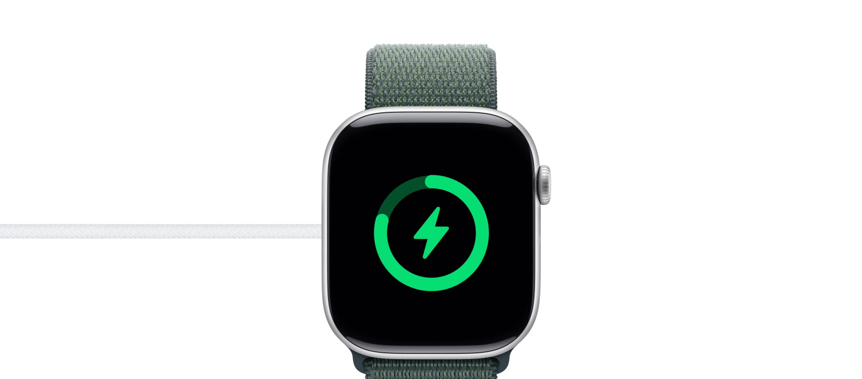 The charging status of an Apple Watch Series 10 on a magnetic charger.