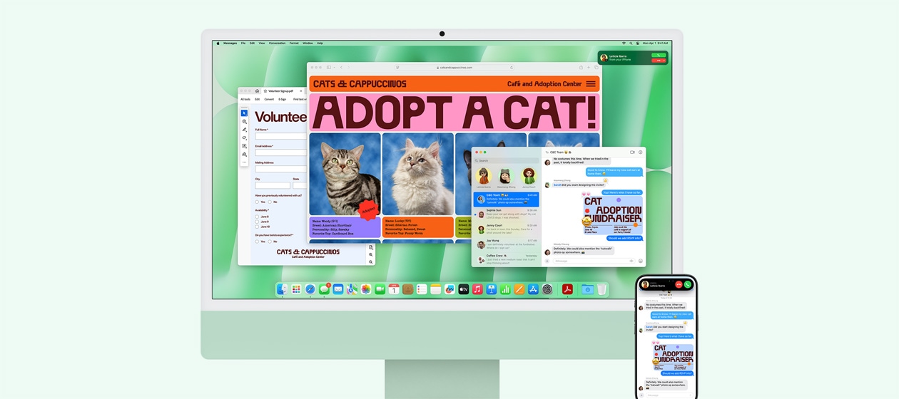 Green iMac and iPhone side by side. iMac screen shows incoming iPhone call notification. Both devices display Messages app with identical text conversations